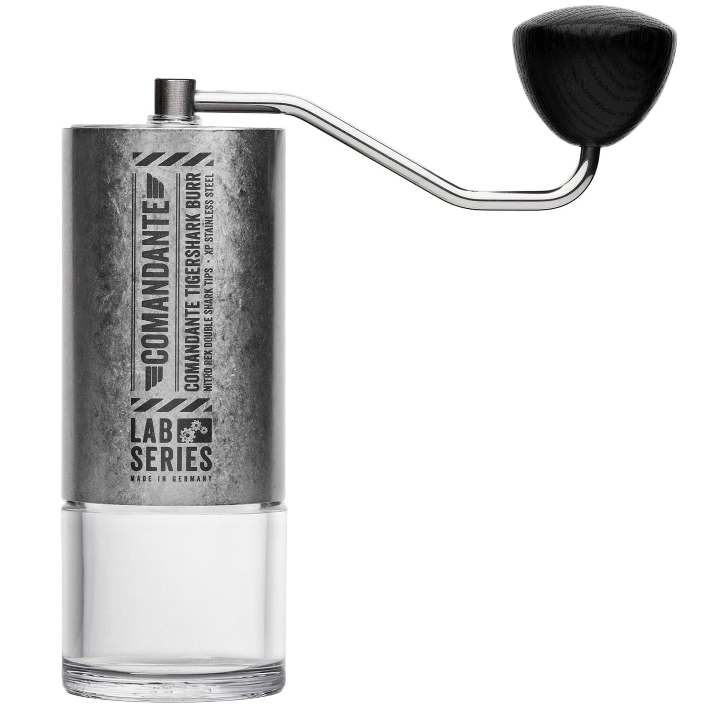 Manual coffee grinder with 'Comandante' branding on a white background