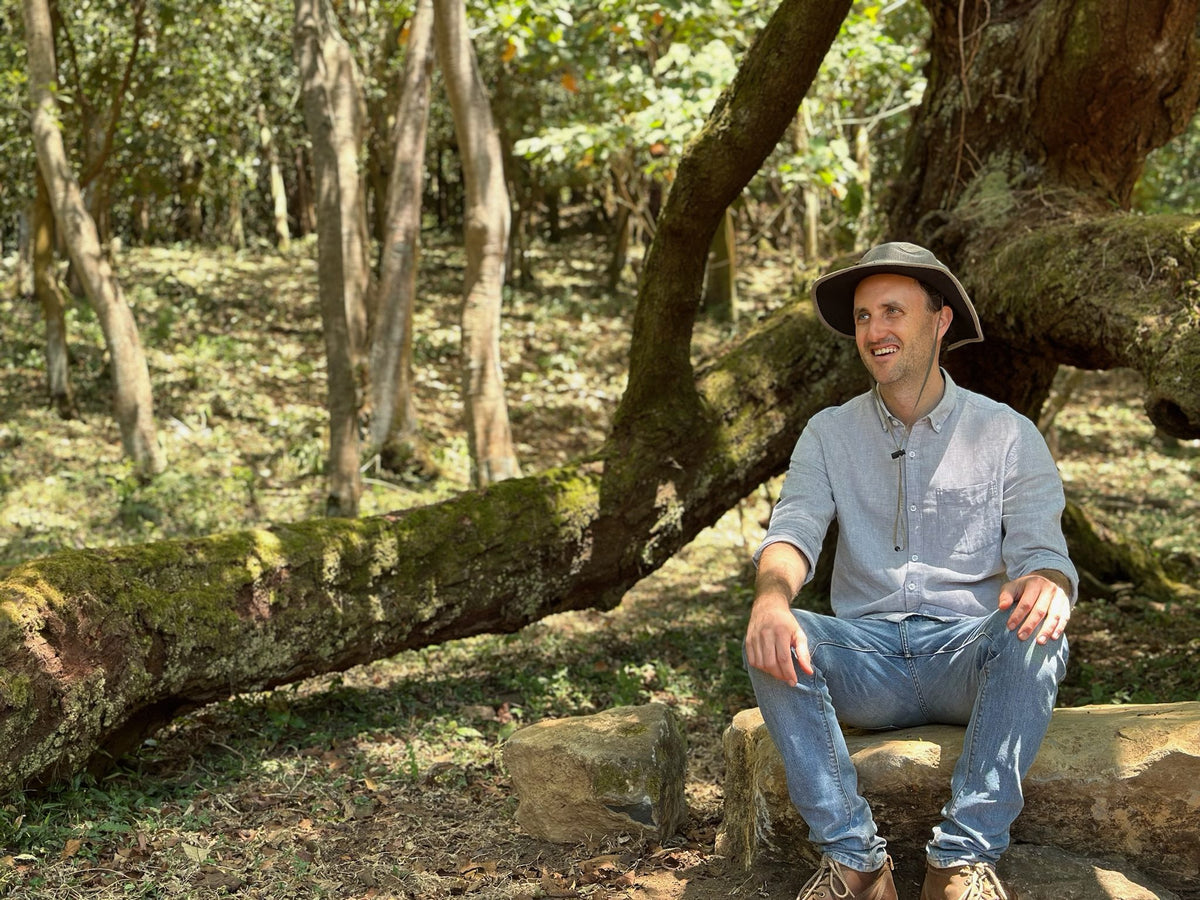 A smiling man in a bucket hat sitting on a log under shade trees on the Volcán Azul farm